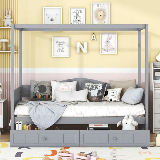 Simple Twin Size Pine Wood Canopy Daybed Frame with 2 Storage Drawers
