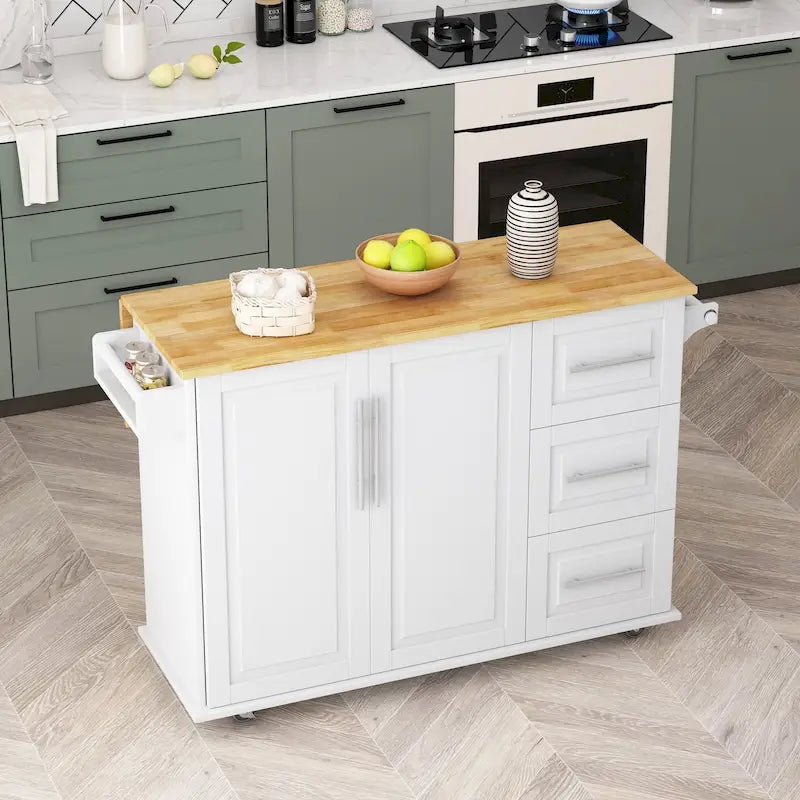Kitchen Island Cart with 2 Door Cabinet and Three Drawers