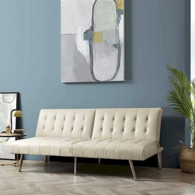 Tufted Mid-Century Modern Split Back Futon Sofa Couch Bed with Chrome Legs