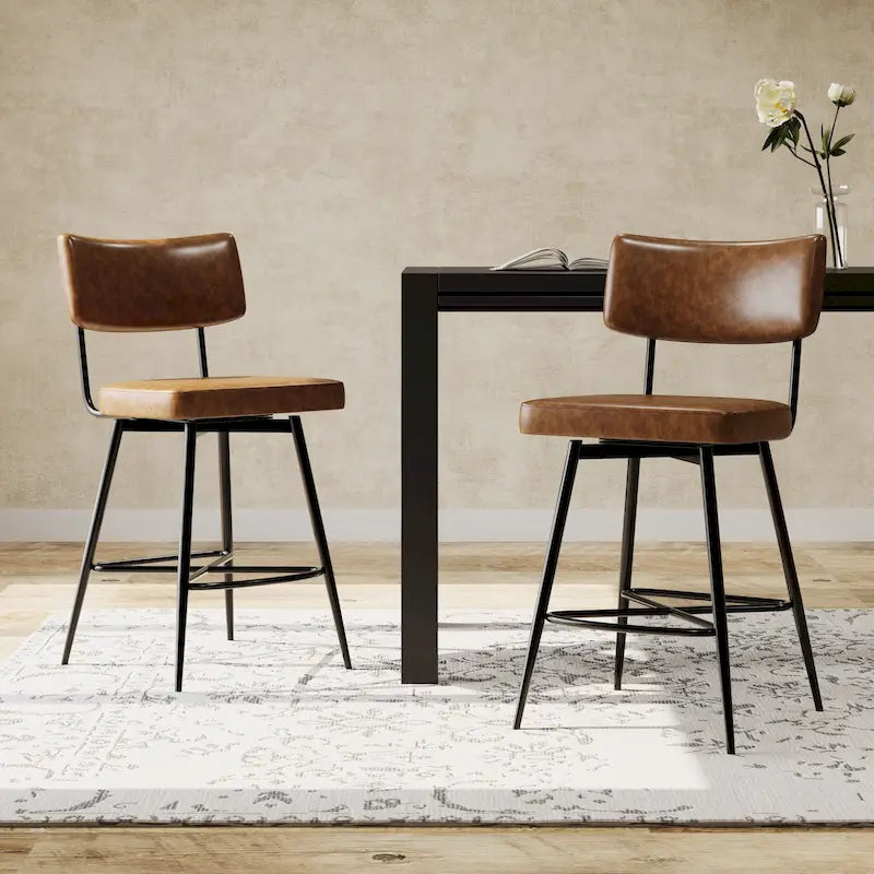 26 Retro Swivel Counter Stools, Set of 2 PU Leather Bar Chairs with Cushioned Seat and Iron Frame