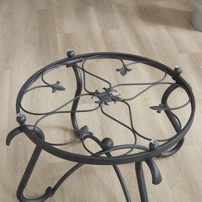 2-Piece Tempered Glass Coffee Table, Rustic Round Decor Table with Side Table for Living Room, Black