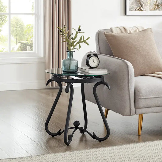 2-Piece Tempered Glass Coffee Table, Rustic Round Decor Table with Side Table for Living Room, Black