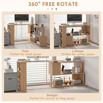 L Shaped Corner Desk, 360 Degree Rotating Home Office Desk with Storage Shelves, Writing Table Workstation