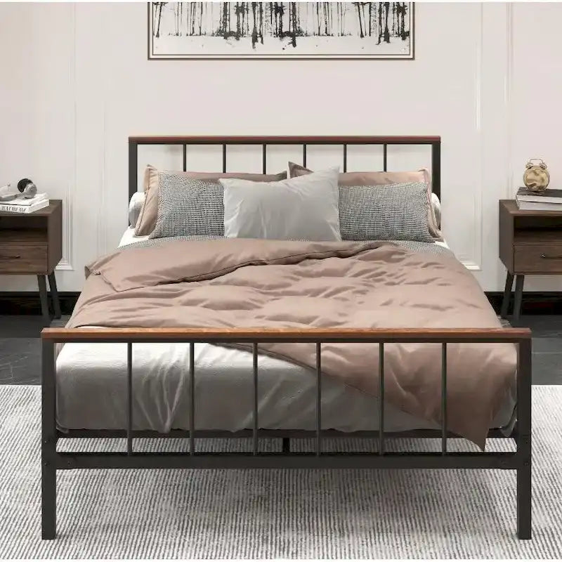 Black Metal Queen Platform Bed Frame with Headboard and Footboard - No Box Spring Required, 660 lbs Capacity