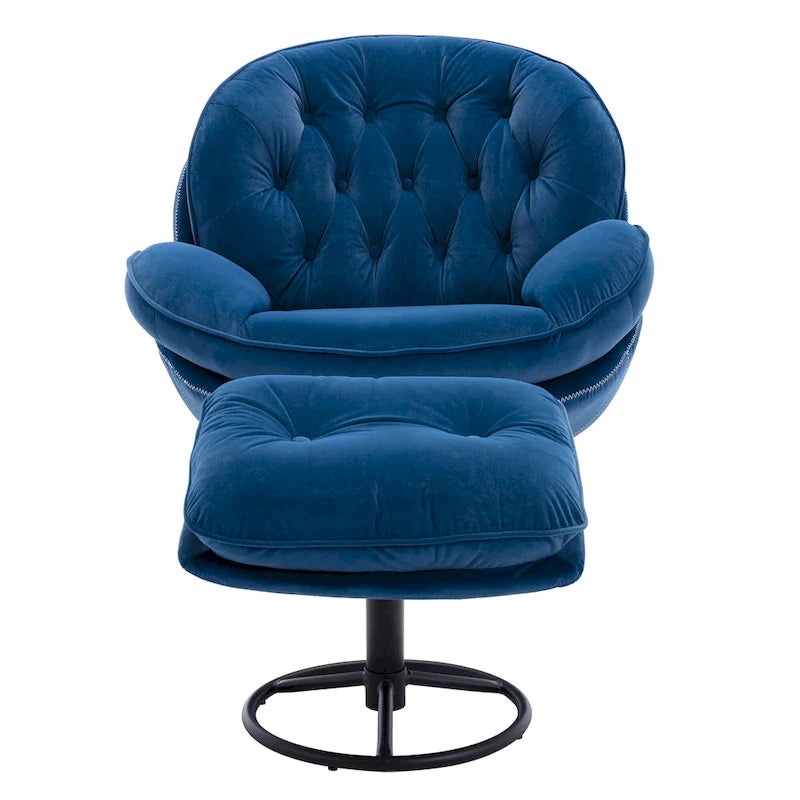 Blue Modern 31.73 Upholstered Swivel Buttons Tufted Accent Chair with Ottoman and Black Metal Legs