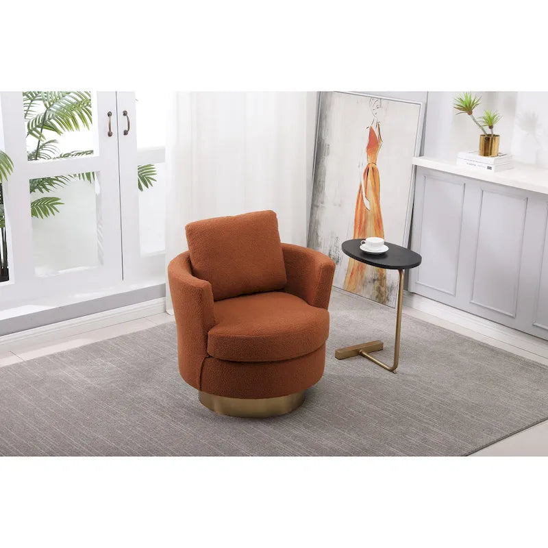 Brown Modern 29.6 Upholstered Swivel Barrel Chair with Gold Stainless Steel Base