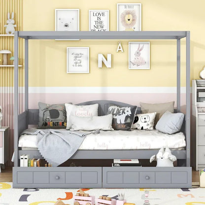 Simple Twin Size Pine Wood Canopy Daybed Frame with 2 Storage Drawers