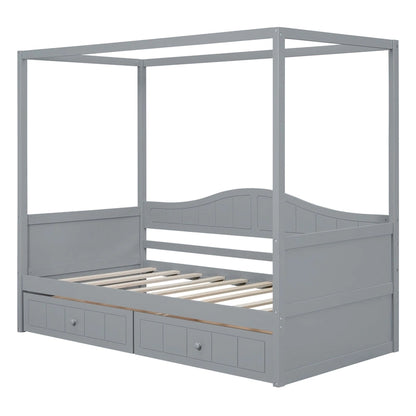 Simple Twin Size Pine Wood Canopy Daybed Frame with 2 Storage Drawers