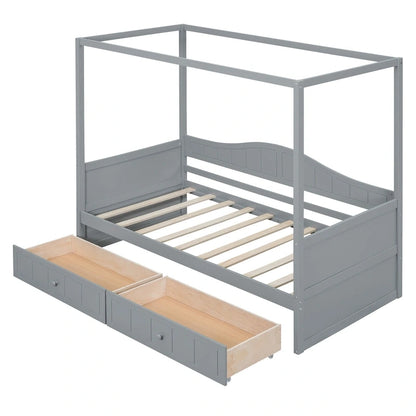 Simple Twin Size Pine Wood Canopy Daybed Frame with 2 Storage Drawers