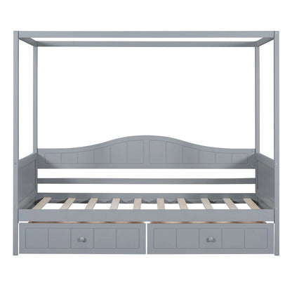 Simple Twin Size Pine Wood Canopy Daybed Frame with 2 Storage Drawers