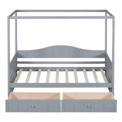 Simple Twin Size Pine Wood Canopy Daybed Frame with 2 Storage Drawers