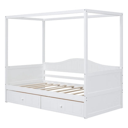 Simple Twin Size Pine Wood Canopy Daybed Frame with 2 Storage Drawers