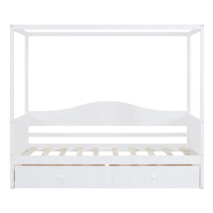 Simple Twin Size Pine Wood Canopy Daybed Frame with 2 Storage Drawers