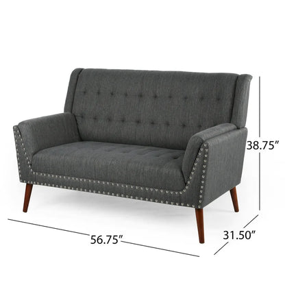 Mid-Century Modern Fabric Settee with Nailhead Trim