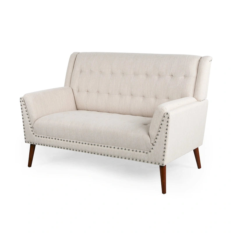 Mid-Century Modern Fabric Settee with Nailhead Trim