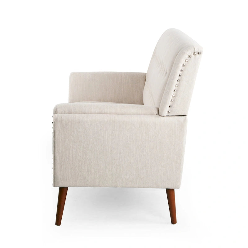 Mid-Century Modern Fabric Settee with Nailhead Trim
