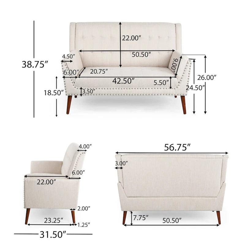 Mid-Century Modern Fabric Settee with Nailhead Trim