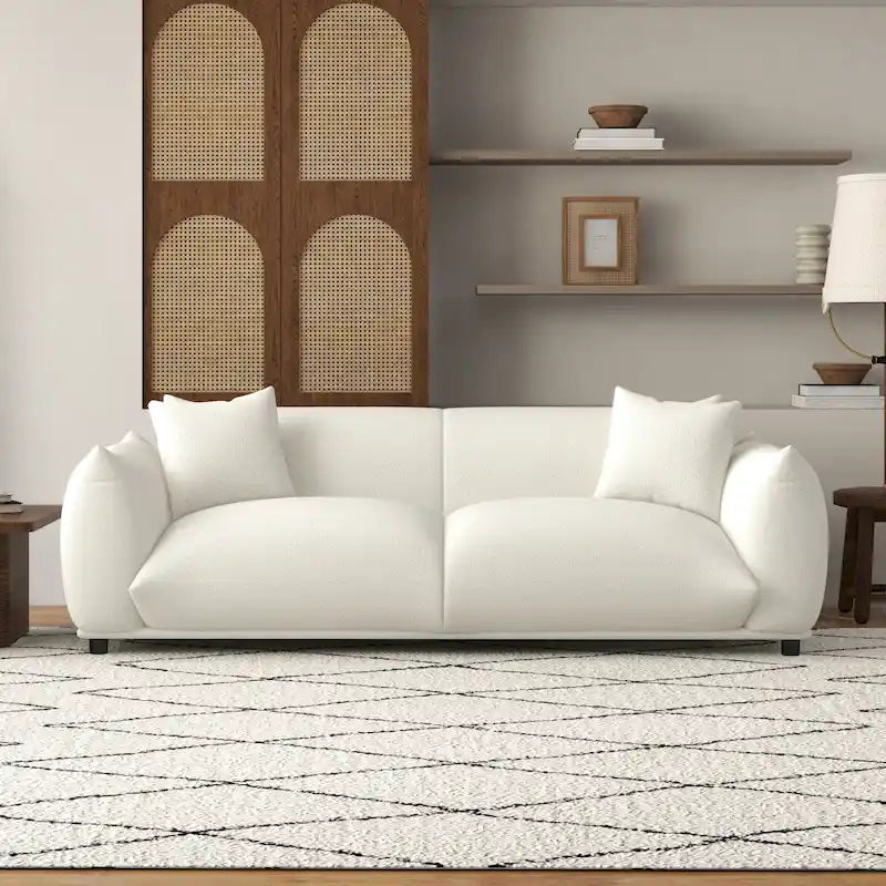 Mid Century Modern Luxury Tight Pillow Back French Boucle Couch in Cream
