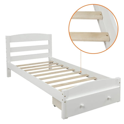 Platform Twin Bed Frame with Storage Drawer and Wood Slat Support No Box Spring Needed