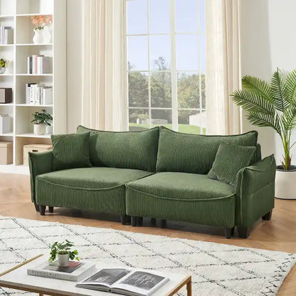 Corduroy fabric sofa with 2 throw pillows