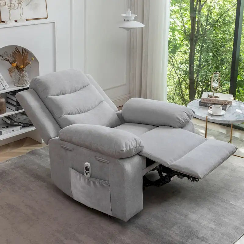 Light Gray Ergonomic Design Velvet Power Recliner Chair, Heat, Massage, Steel Frame