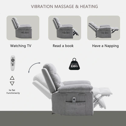 Light Gray Ergonomic Design Velvet Power Recliner Chair, Heat, Massage, Steel Frame