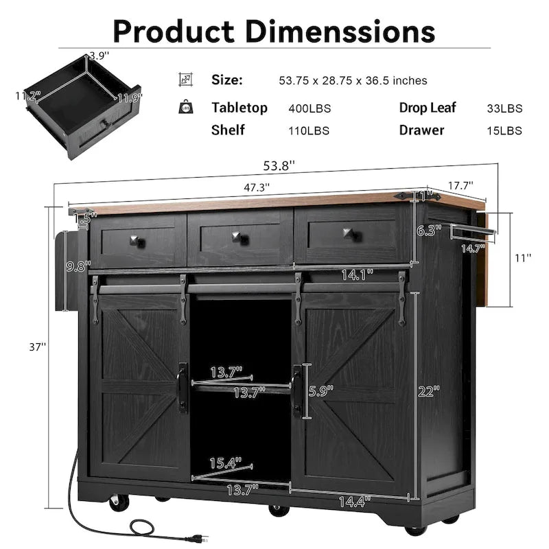 53.7 Farmhouse Kitchen Island with Power Outlet