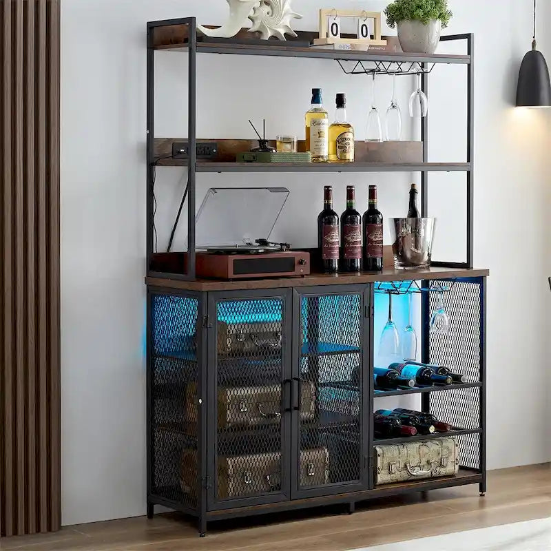 3-Tiers Buffet Cabinet with LED Strip and Glass Holder,Power Outlet