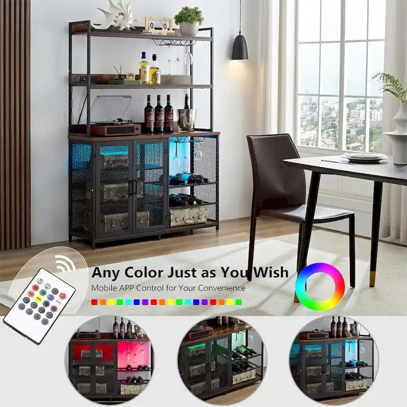 3-Tiers Buffet Cabinet with LED Strip and Glass Holder,Power Outlet