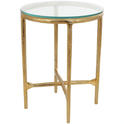 Aluminum Metal Textured Side End Accent Table with Glass Tabletop - Gold or Silver