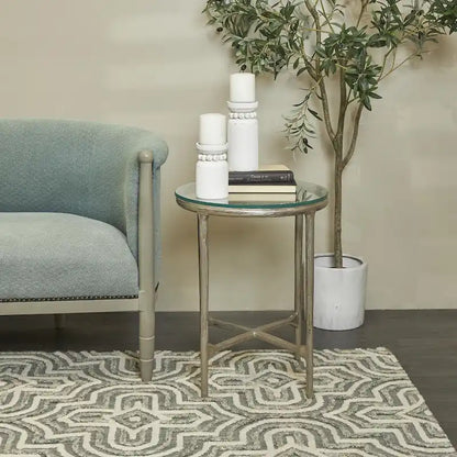 Aluminum Metal Textured Side End Accent Table with Glass Tabletop - Gold or Silver